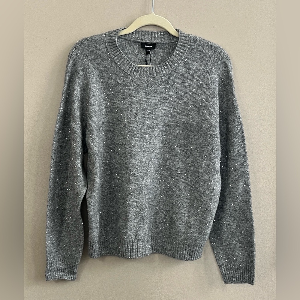 Express Embellished Sequin Crew Neck Grey Sweater size large